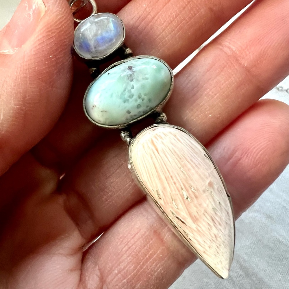 925 OMG Rainbow Flash Moonstone + Larimar + Scolecite! Pendant Necklace - Picture 6 of 8